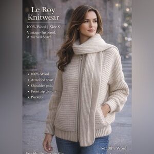 Le Roy Knitwear Wool Sweater with Attached Scarf - Size S